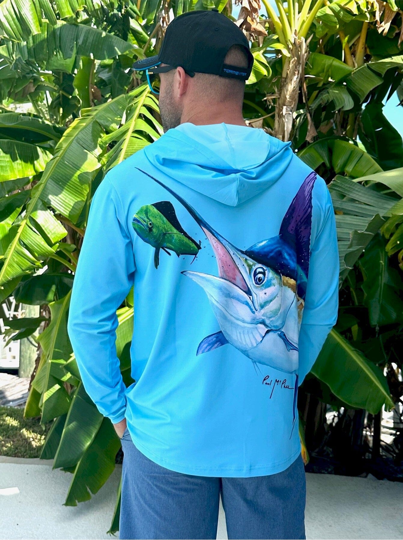 Fish Wrap Performance Hoodie -Marlin Hunt Blue Men's SPF Ocean Fishing Tops Tormenter Ocean 