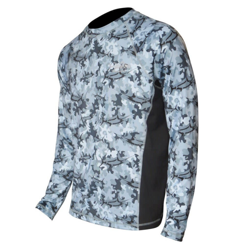 Marlin Camo Gray SPF Fishing Shirt - Sale Men's SPF Ocean Fishing Tops Tormentor Ocean 