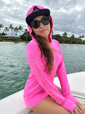 Ladies Heathered Hooded SPF Shirt - Berry Ladies' SPF Shirt Rash Guard Tormenter Ocean 