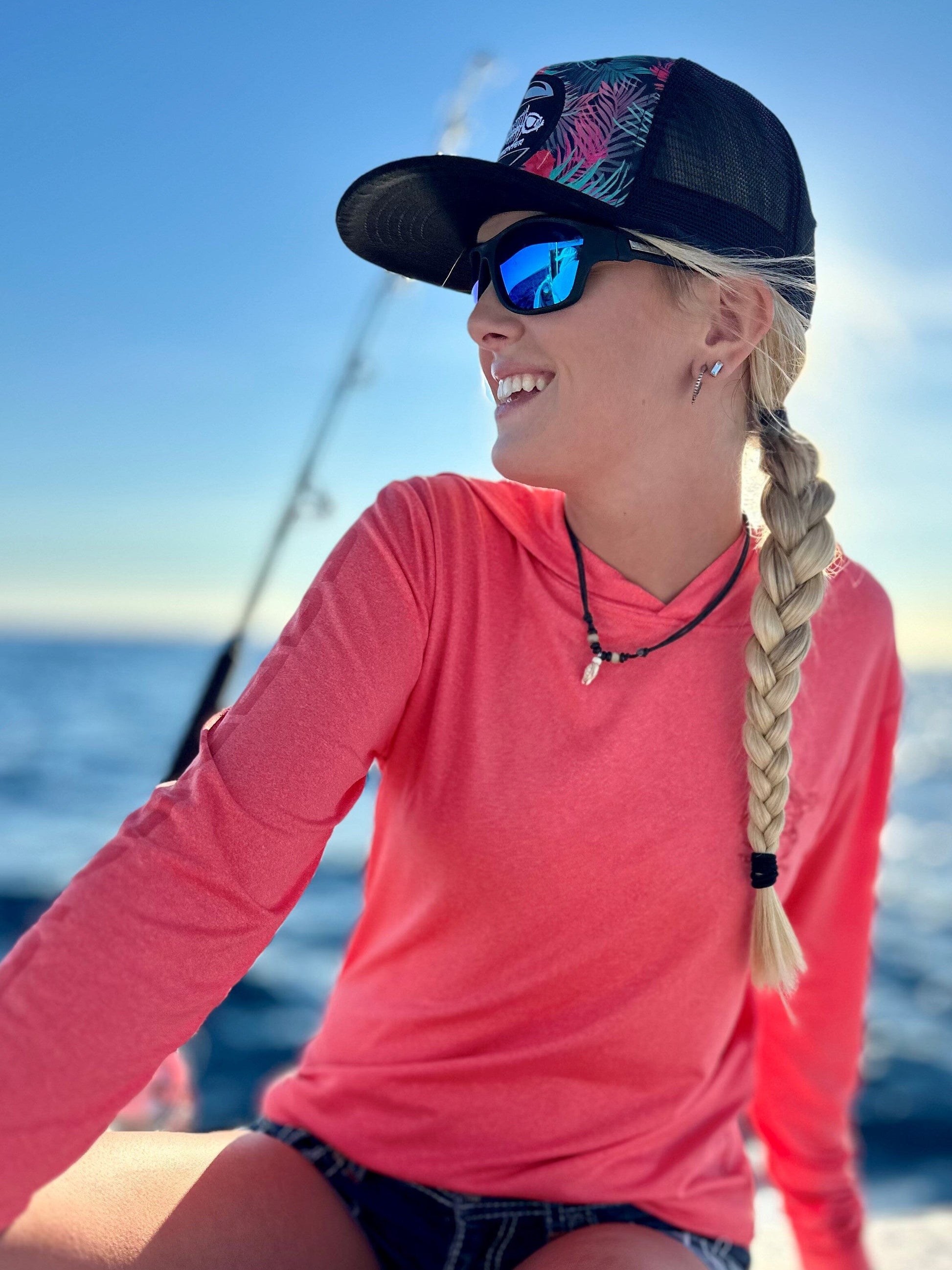Ladies Heathered Hooded SPF Shirt - Coral Ladies' SPF Shirt Rash Guard Tormenter Ocean 