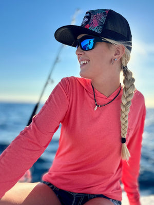 Ladies Heathered Hooded SPF Shirt - Coral Ladies' SPF Shirt Rash Guard Tormenter Ocean 