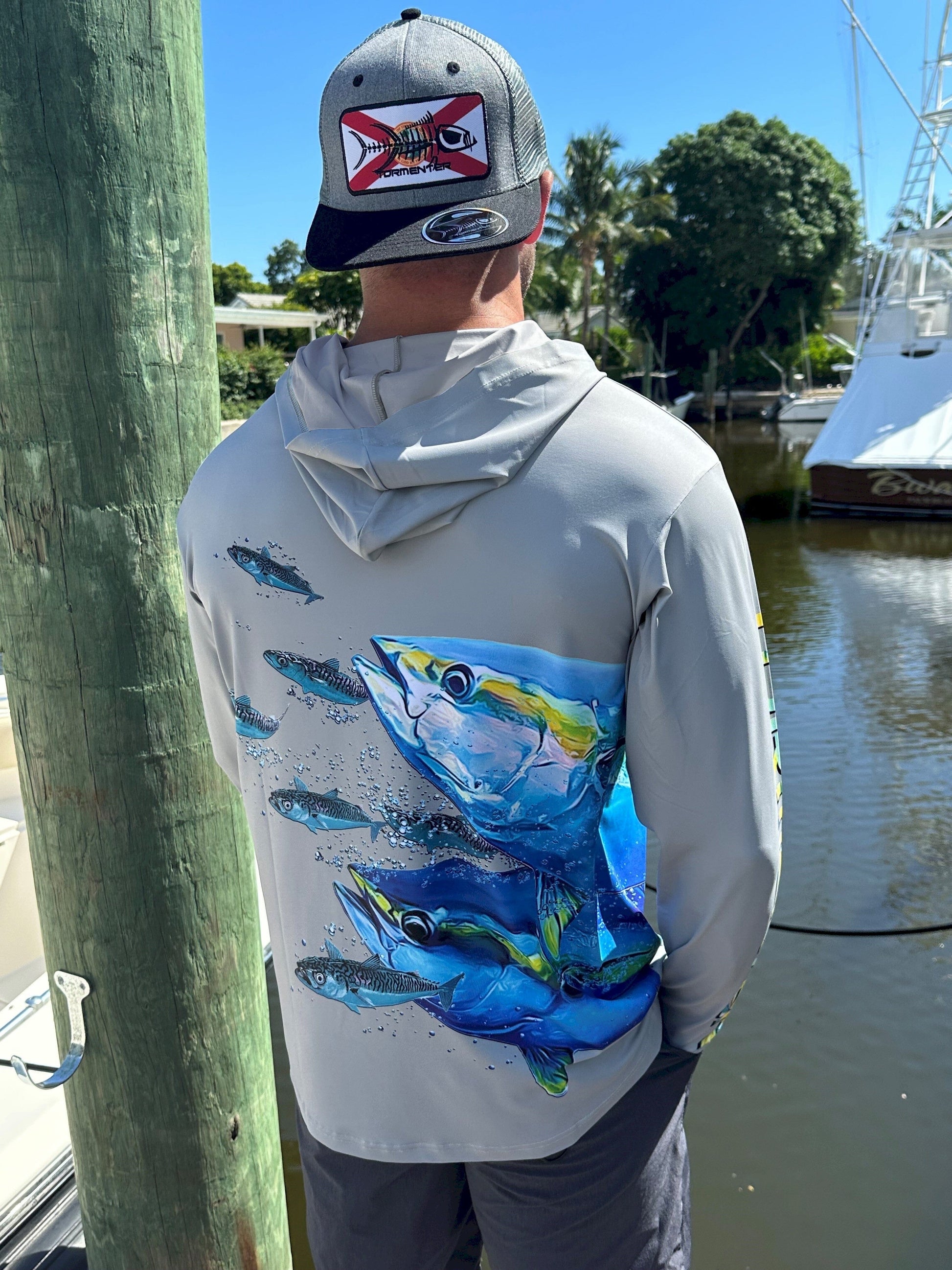 Fish Wrap Performance Hoodie -Tuna Chase Gray Men's SPF Ocean Fishing Tops Tormenter Ocean 