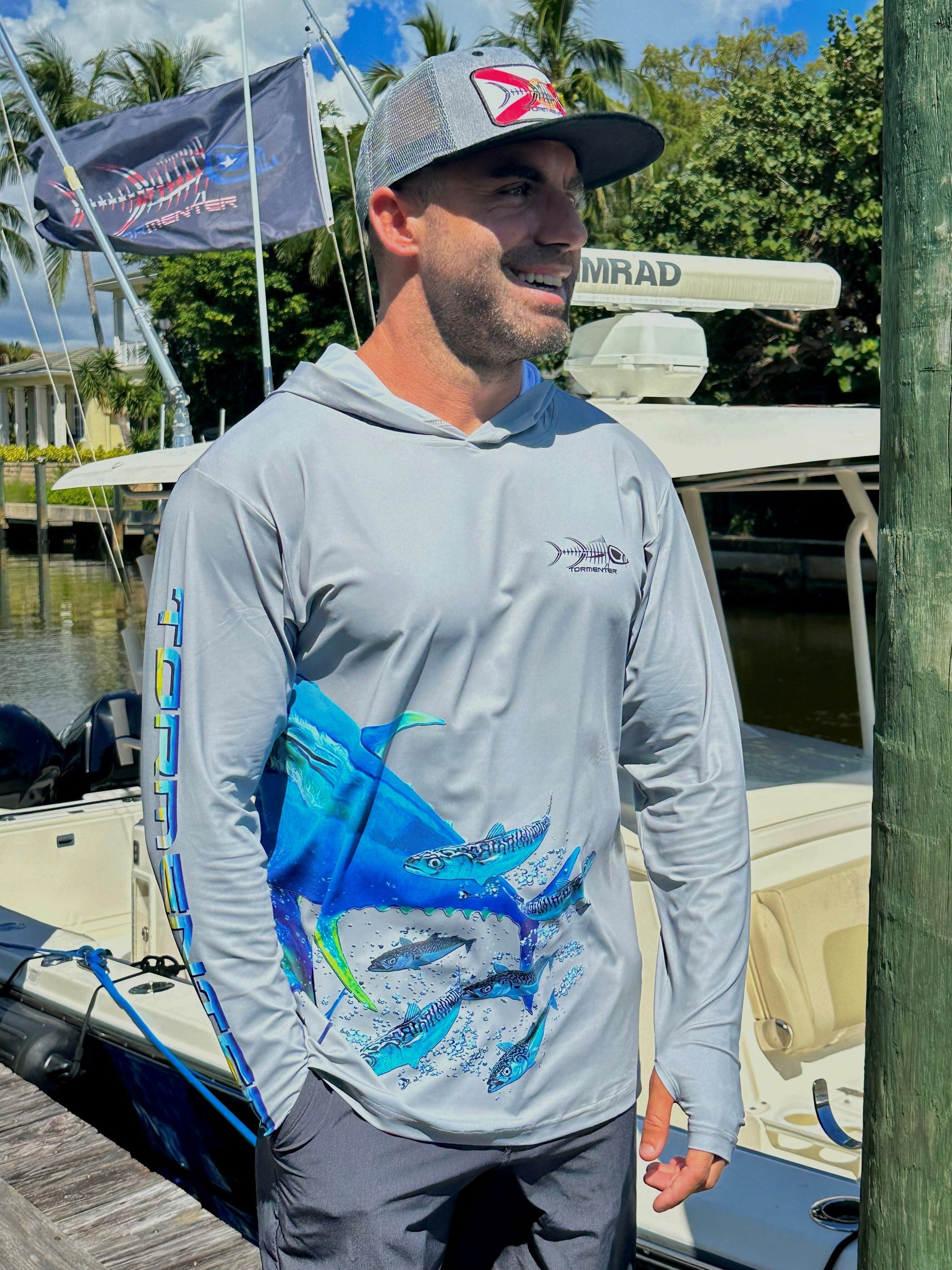 Fish Wrap Performance Hoodie -Tuna Chase Gray Men's SPF Ocean Fishing Tops Tormenter Ocean 