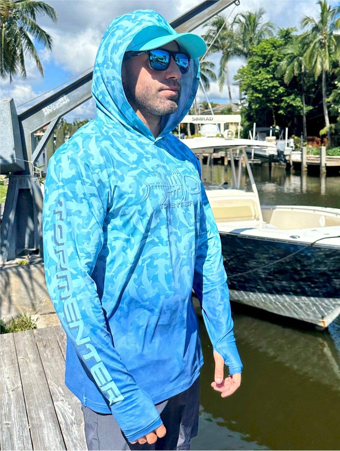 Hammerhead Camo Performance Hoodie - Seafoam Men's SPF Ocean Fishing Tops Tormenter Ocean 