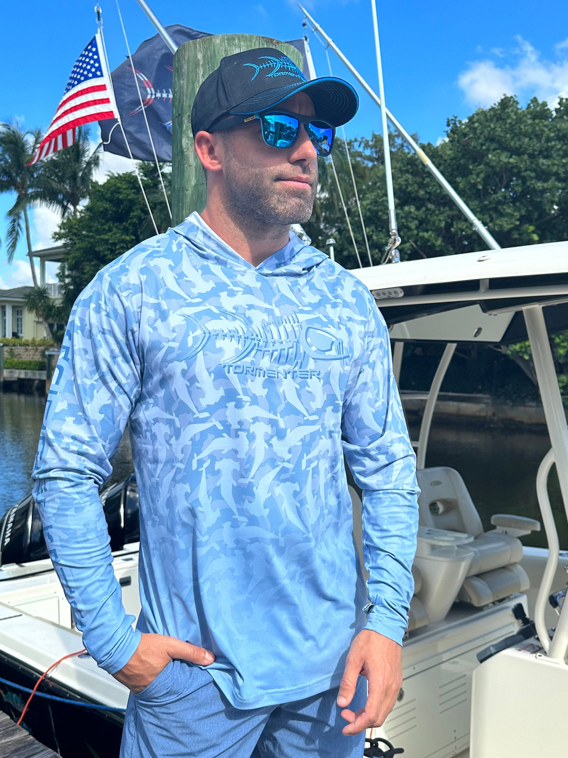 Hammerhead Camo Performance Hoodie - Blue Men's SPF Ocean Fishing Tops Tormenter Ocean S Blue 