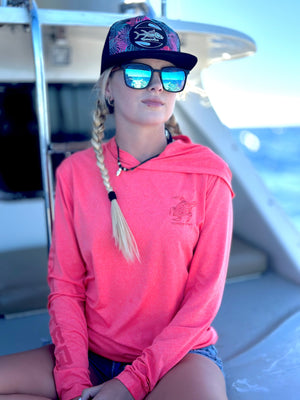 Ladies Heathered Hooded SPF Shirt - Coral Ladies' SPF Shirt Rash Guard Tormenter Ocean 