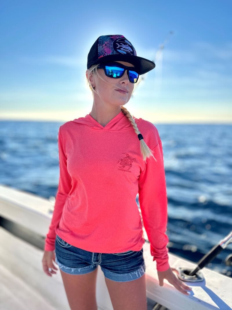 Ladies Heathered Hooded SPF Shirt - Coral Ladies' SPF Shirt Rash Guard Tormenter Ocean 