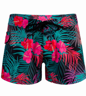 Women's Hibiscus Boardshorts - Black Ladies Board Shorts Tormenter Ocean 