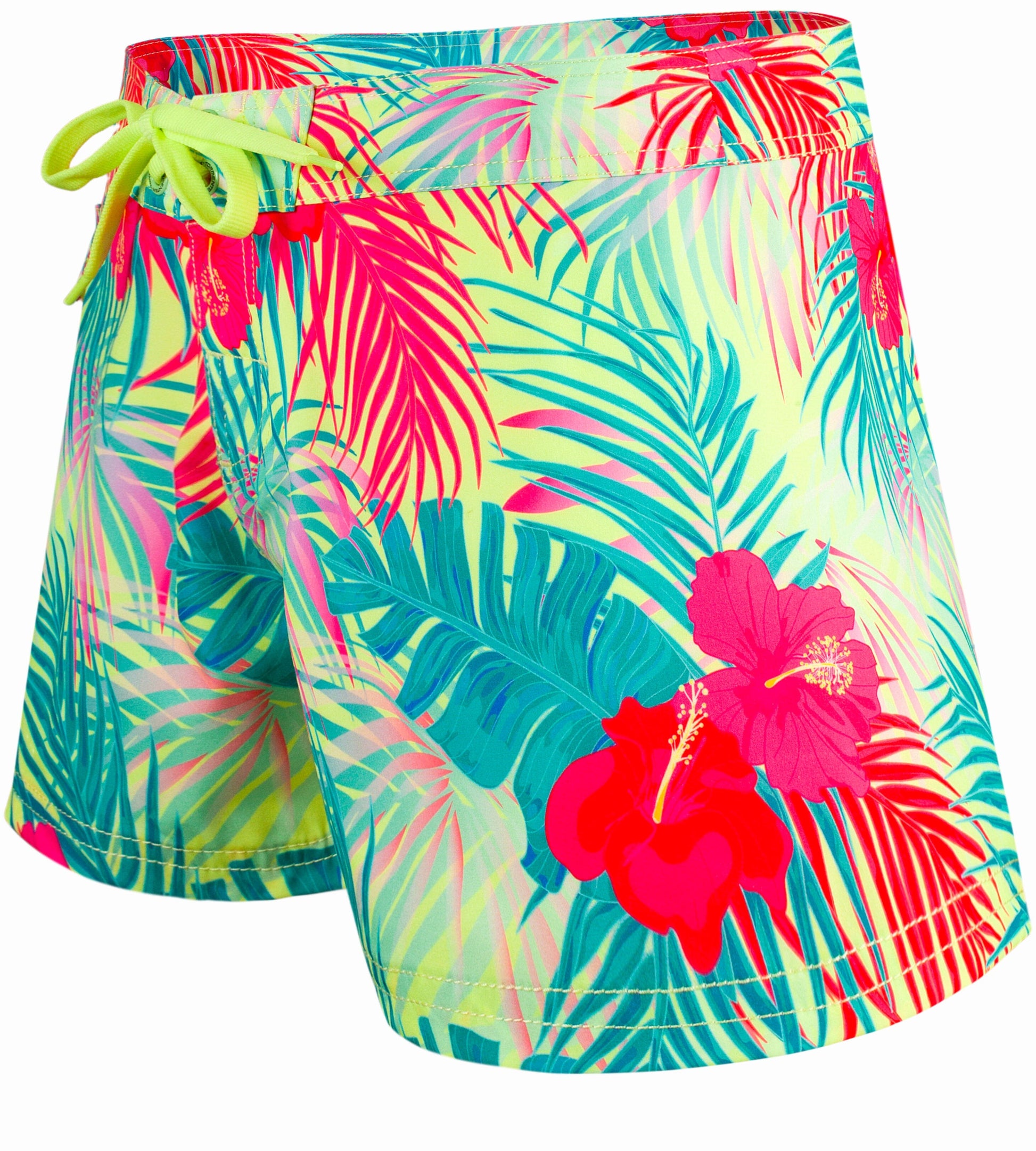 Women's Hibiscus Boardshorts - Yellow Ladies Board Shorts Tormenter Ocean 