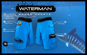 Blue Camo Waterman 5 Pocket Board Shorts - Printed Collection Waterman 5 Pocket Performance Fishing Board Shorts Tormenter Ocean