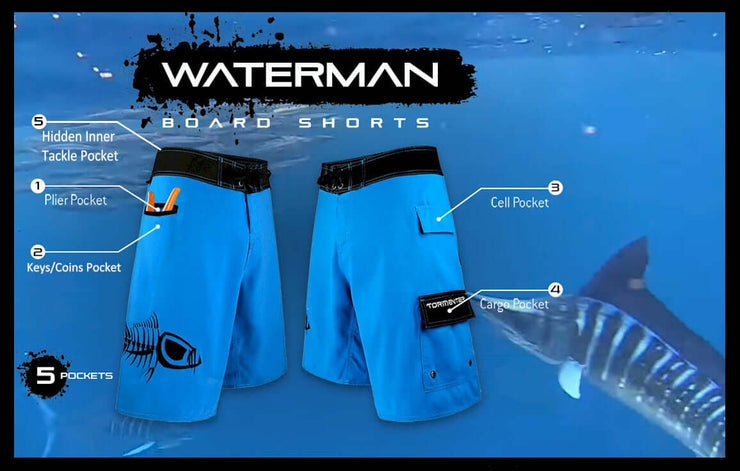 Black/Blue Waterman 5 Pocket Board Shorts Waterman 5 Pocket Performance Fishing Board Shorts Tormenter Ocean 